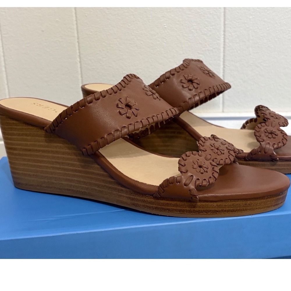 Jack Rogers Caroline‎ Wedge Sandals Womens 9.5M Mocha Leather Flower Detail New